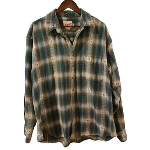 Woolrich Vintage Plaid Aztec 100% Cotton Green Beige Long Sleeve Button Mens XL